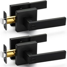 Hasmikit 2 Pack Matte Black Door Handles Privacy Door Levers, Heavy Duty Bed and Bath Door Locks Interior Door Knobs, Reversible Keyless Flat Levers with Square Rosette