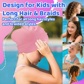 Vvinca Swim Cap Kids for Long Hair Braids Curly, 2 Pack Silicone Waterproof Swimming Caps for Toddler Girls Boys Age 3-8 Keep Hair Dry Pool Water Swim Hats
