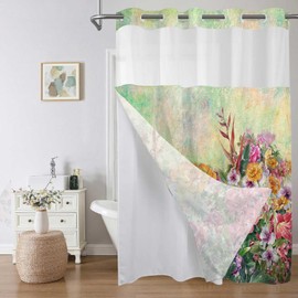 GURETER No Hook Shower Curtain with Snap in Liner Set, Floral Shower Curtains, Farmhouse Garden Decoration Design Through Mesh Top Window, Machine Washable (54X80)