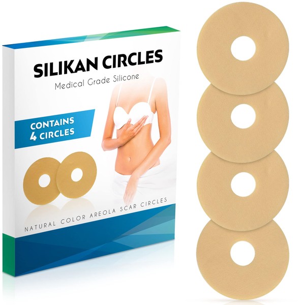 Areola Silicone Scar Gel Circles Sheet – 4 Pack Medical-Grade (2 Pair) Reusable Silicon Tape Sheets/Disc Help Restore Repair Breast Surgery Scars Post Mastectomy Lift Reduction – Supplies SILIKAN