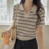 Just One Split Collar Striped Linen Knit