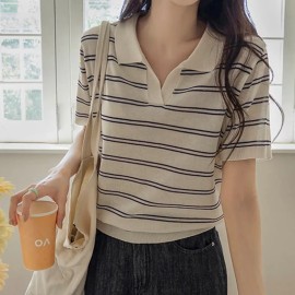 Just One Split Collar Striped Linen Knit