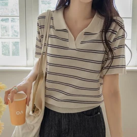 Just One Split Collar Striped Linen Knit