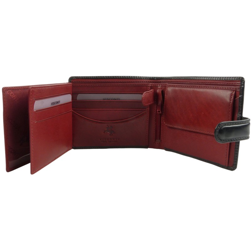 Visconti Leather Mens Tri Fold Wallet Torino Collection Black Red