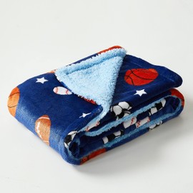 Marina Decoration Reversible Rich Printed Woven Fluffy Plush Soft Warm Flannel Fleece Sherpa Kids Children Blanket, 30 x 40 Inch Brown Blue White Color Balls and Stars with Navy Blue Base Pattern