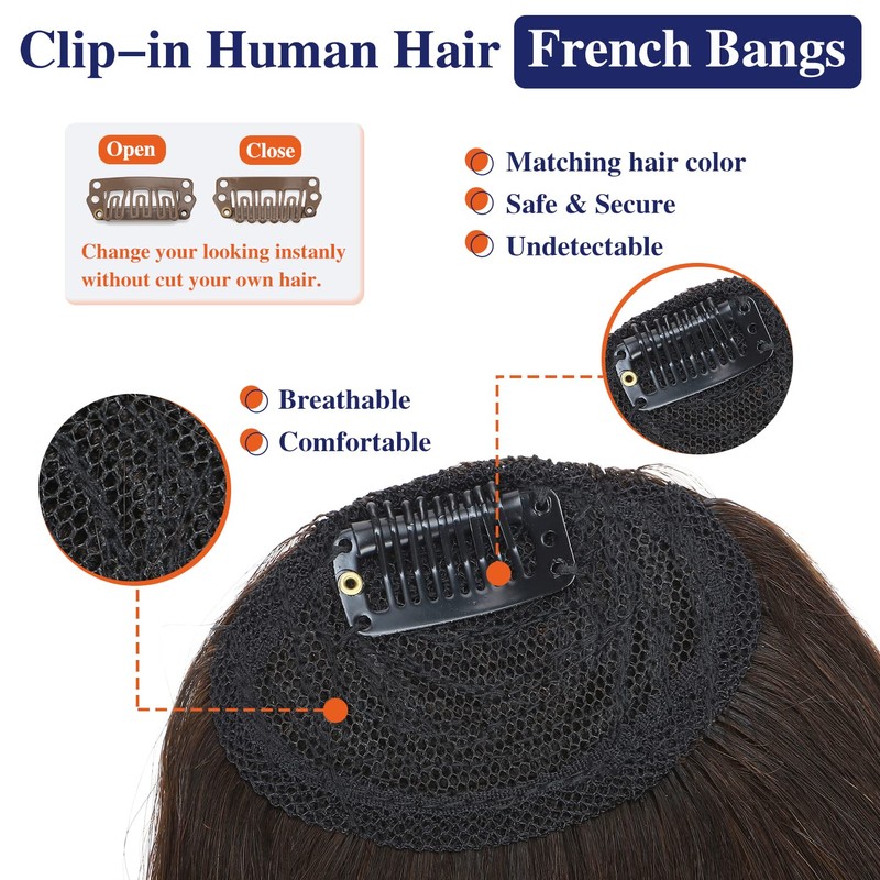 Hairro Clip In Bangs, Natural Black Brown 100% Real Human