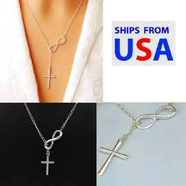 Rinhoo US Seller- Silver Plated Infinity with 3/4" Cross Pendant- 20" Chain Necklace