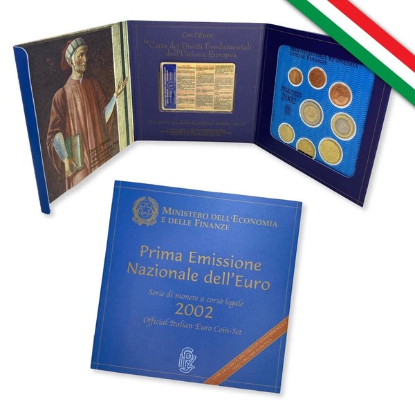 First Series in Euro Year 2002 Italy, A Remembrance of the First Italian Euro Minted in 2002 and Packaged in the Original Blister Pack of the Italian Mint.