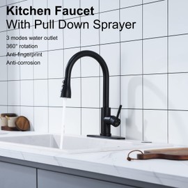 Matte Black Kitchen Faucet with Pull Down Sprayer - High Arc Stainless Steel Kitchen Sink Faucet, 3-Function Pull Out Kitchen Faucet, Single Hole Single Handle Sink Faucet, Modern Kitchen Faucets