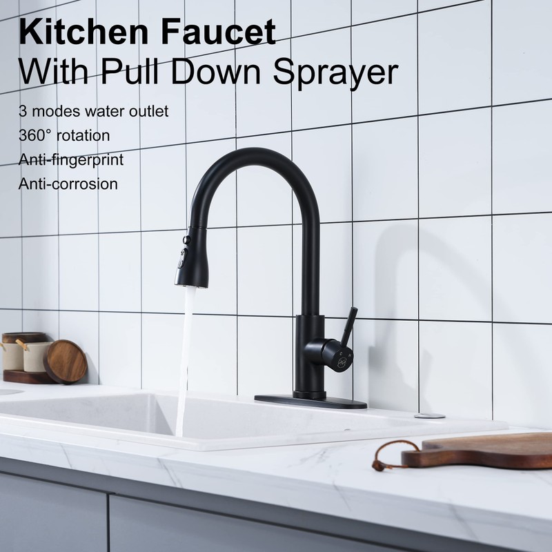 Matte Black Kitchen Faucet with Pull Down Sprayer - High