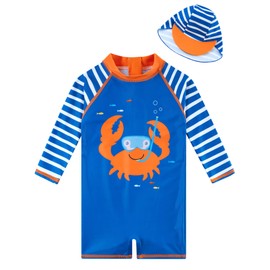 18 Month Swimsuit Baby Boy Crab Bathing Suit for Toddler Boys 12-18 Months One Piece Swim Suit with Sun Hat Long Sleeve Swimwear