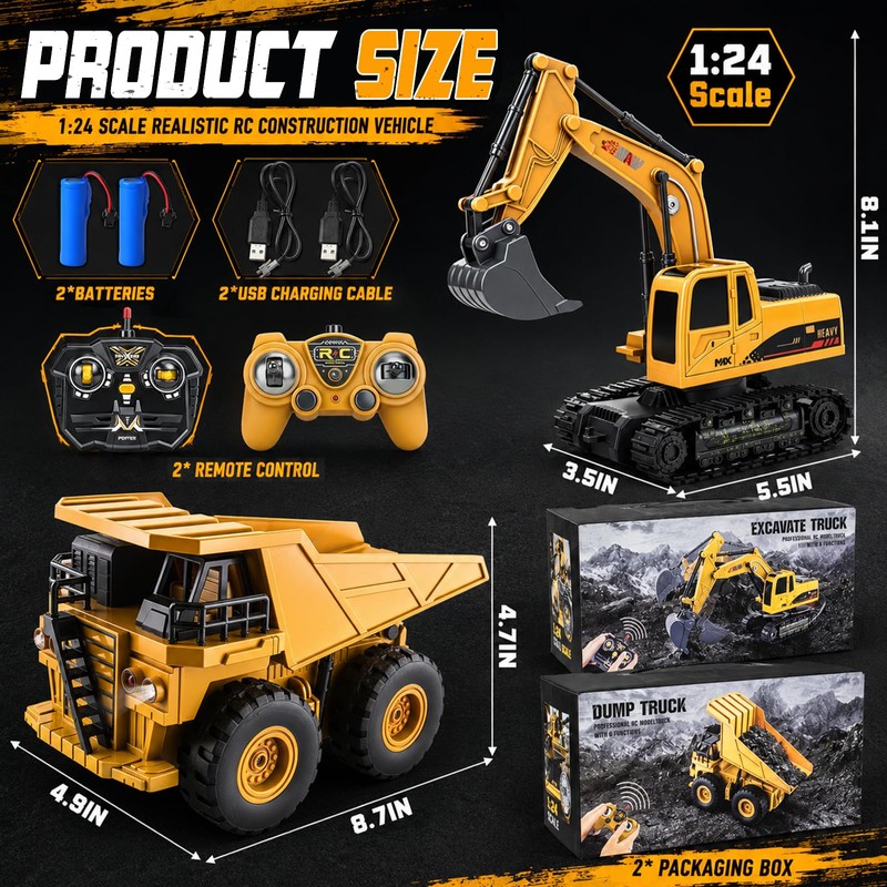 YongnKids 2 Pcs Large Rc Excavator Toy & Dump Truck