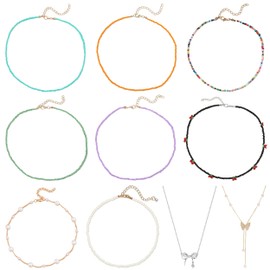 10 Pcs Beaded Necklace for Women, 10 Styles Summer Colorful Bead Necklace, Beaded Choker Necklace Bohemian Western Jewellery Pearl Choker Gold Necklace Beach Accessories for Women