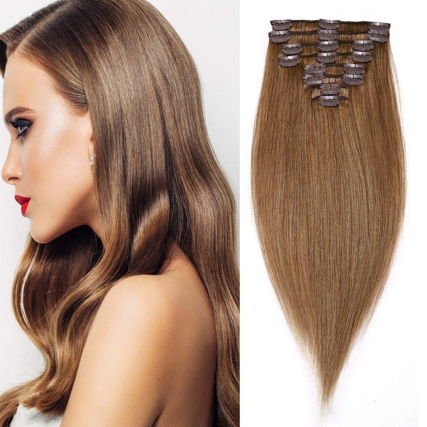 Clip-In Real Hair Extensions, 8 Wefts, Heat-Resistant Straight Hairpieces, Light Brown #6, 33 cm (80 g)