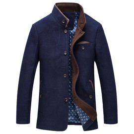 chouyatou Men's Gentle Band Collar Single Breasted Wool Blend Pea Coat (NavyBlue, Large)