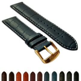 16mm Blue & White Genuine Leather Mock Croc Watch Strap Band Mens Crocodile Padded Gold Buckle
