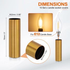 PATIKIL 3" Tall Candle Covers Sleeves, 10Pcs Metal E12 Chandelier Socket Sleeves with Insulation Heat Shrinkable Flame Retardant Tube Bulb Light Base Holder for Lamps, Gold Bronze