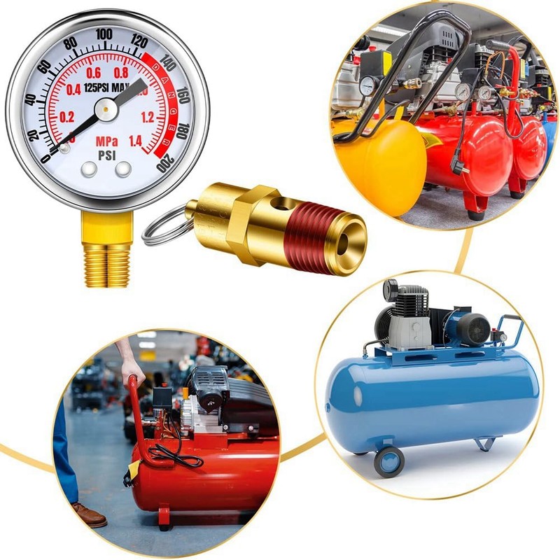 4Pcs Air Compressor Relief Pressure Valve and Air Gauge Set,1/4in