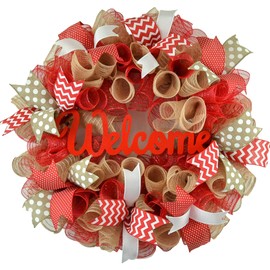 Jute burlap everyday year round welcome wreath; red white brown