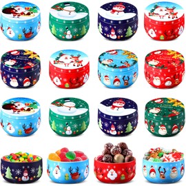 Mumufy 24 Pcs Christmas Cookie Tins 8 Styles Candy Tinplate Retro Tins Candle Tin Storage Containers Metal Cookie Jars Round Nesting Containers for DIY Candles, Dry Storage, Spices, Tea, Candy