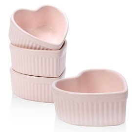 VanEnjoy 4 pack 5oz Heart Shaped Ramekins Ceramic Bowl Bakeware for Souffle Creme Brulee Oven and Dishwasher Safe Baking Dishes Cute Pink Cookware for Kitchen