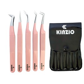 KINZIO Eyelash Tweezers Set for Eyelash Extension, Set of 5, Japanese Stainless Steel, Straight Bent 45-90 Degree Volume Eyelash Tweezers (5pcs, Pink)