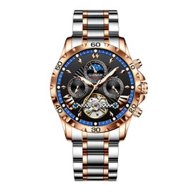 GLENAW Automatic Watches for Men, Men's Tourbillon Mechanical Watch Multifunction 24 Hour Date Day Rotating Flywheel Waterproof Watches for Men (Rose Gold Blue)