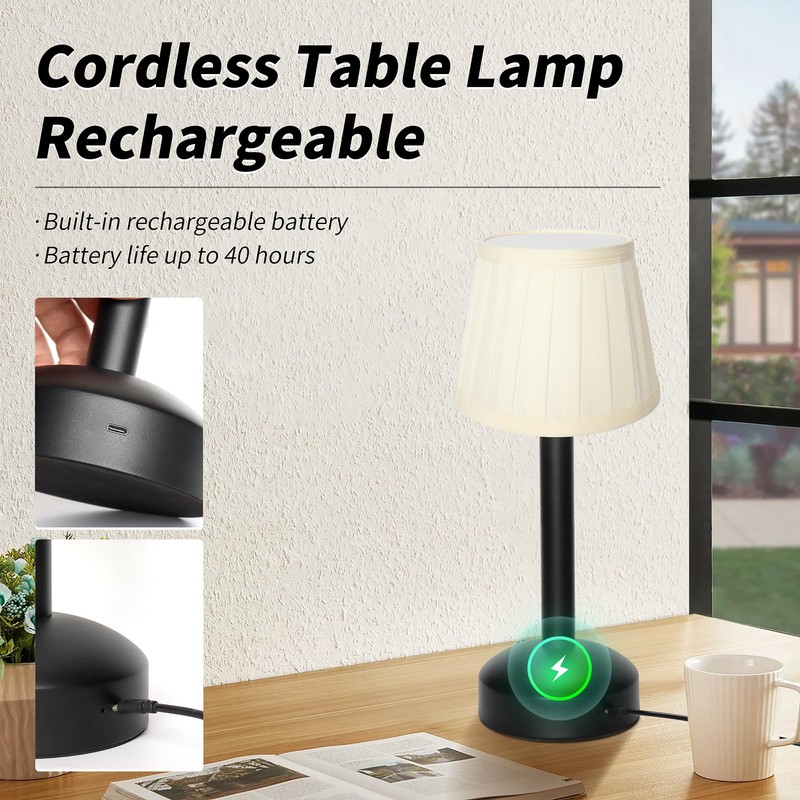 Mr.White Rechargeable Cordless Table Lamp with Fabric Lampshade & Adjustable