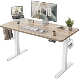 TIQLAB Height Adjustable Electric Standing Desk, 47 x 24 inch, Sit Stand Up Desk, Splice Board, Computer Home Office Desk, White Frame/Maple Top
