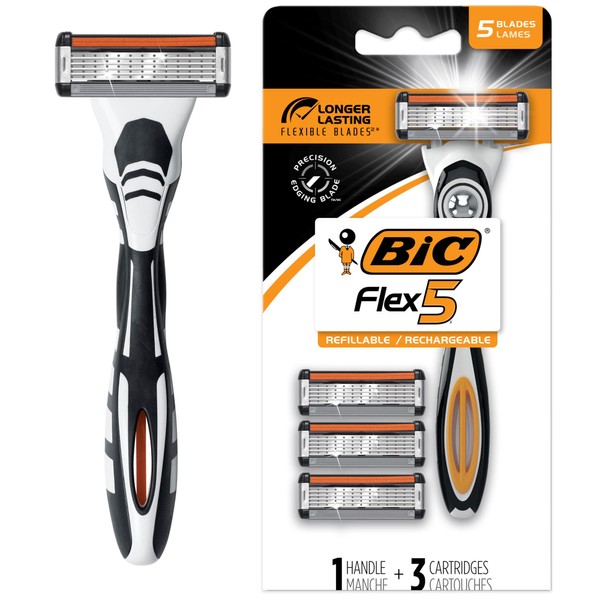 BIC Hybrid Flex 5 Titanium Men's 5 Blade Disposable Razors, For a Smooth and Comfortable Shave, Disposable Razors For Men, 3 Cartridges + 1 Handle
