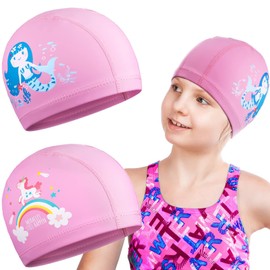 2 Pieces Swimming Cap Kids, Swim Cap Kids Long Hair, Waterproof Polyester Bonnet De Bain for Kids, Cartoon Mermaid Unicorn Kids Swim Cap, Kids Swimming Caps for Aged 2-12 Girls Teens (A)