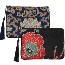 kilofly 2 pc Chinese Silk Brocade Padded Tassel Zipper Jewelry Bag Gift Pouch