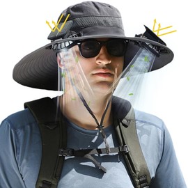 Solar Panel Powered Fan Built in Wide Brim Outdoor Fishing Hat USB Charging Men, Ultralight Sun Bucket Mission Cooling Cap with 2 Double Solarbrims and Ultra-Light for Gardening Boonie & Summer Beach