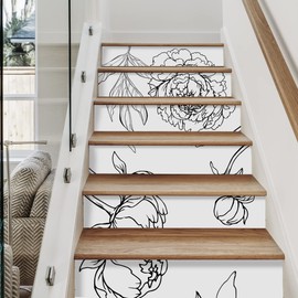 funlife 14Pcs Sketch Flowers Peel and Stick Vinyl Stair Riser Decals, Self-Adhesive Staircase Stickers, 39.37"x7.09" Simple Line Peony