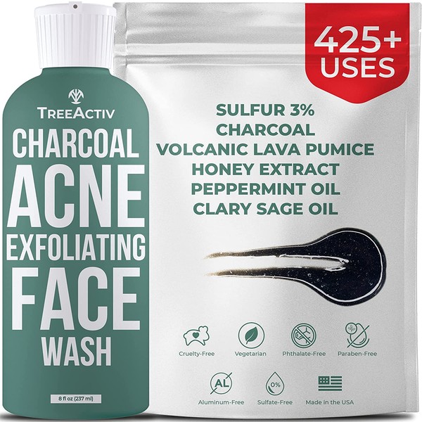 TreeActiv Charcoal Acne Exfoliating Face Wash | Hydrating Sulfur Cleanser for Pimple, Zit, Whitehead, & Blackhead | Facial Treatment for Hormonal & Cystic Acne | Teen & Adult Milia Remover | 425+ Uses