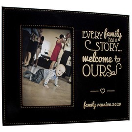 PlaqueMaker Customizable Picture Frame - Include A Special Message Your Vows A Bible Verse Quote or Well Wishes - Include Your Logo Clipart Monogram or Photo (Faux Leather - Black w/Gold, 5 x 7)