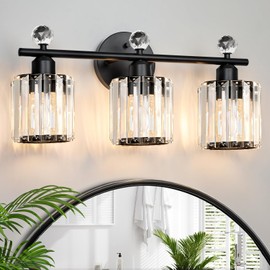 Modern 3 Light Crystal Vanity Light,Black Vertical Bathroom Light Fixture Over Mirror for Dressing Table Sink,Crystal Bathroom Light Fixtures,Compatible with Dimmable Bulbs (Bulbs Not Include)