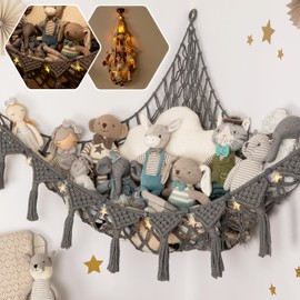 TIDYTEDS Macrame DreamLights Boho Stuffed Animal Storage Net or hammock Extra Large for Small or large Plushies. Plush Gray Toy Storage Holder