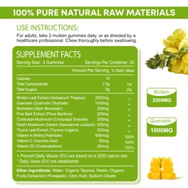 Zetelixia Mullein Gummies for Clear Lungs, 10 in1 Mullein Leaf Extract for Lungs Gummies, Mullein & Quercetin Gummies for Lung Cleanse, Respiratory, Immune, Pineapple Flavor, 60 Count