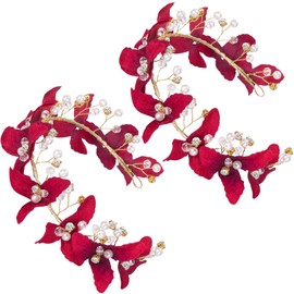 CTEAKOP 2pcs Red Flower Headband, Rhinestone Rose Floral Bridal Hair Band for Women, Crystal Crowns Tiaras Hair Decoration Accessories for Christmas Wedding Engagement Birthday