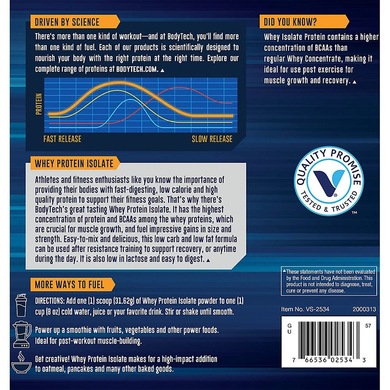 BODYTECH Whey Protein Isolate Powder - 25g Protein per Serving