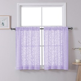 Chyhomenyc Light Purple Sheer Kitchen Curtains 36 Inch Length Tier Curtains, Light Filtering Leaf Tufted Textured Cafe Curtains Short Small Window Curtains for Bathroom Basement, 42" Wx36 L, 2 Pieces