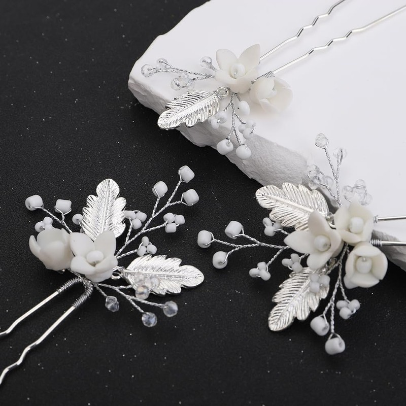 Denifery 3 Pieces Silver Flower Bride Wedding Hair Pins Leaf