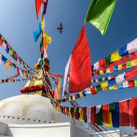 Embrace the Spiritual Essence with 12cm x 12cm Tibetan Prayer Flags – a Set of 25 Flags in 5 Rolls for Positivity and Peace - Hand-Printed Cotton from Nepal.