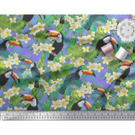 Soimoi Purple Cotton Canvas Fabric Tropical Leaves,White Floral & Toucan Bird Print Fabric by The Yard 42 Inch Wide