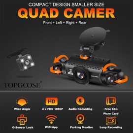 4 Channel Dash Cam 360° View, TOPGOOSE 2K Front and Rear Inside, Left Right Dash Camera for Cars, 5G WiFi & APP Control, with 64GB SD Card, G-Sensor, Night Vision, 24H Parking Mode