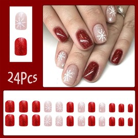Christmas Press on Nails Short Square Fake Nails Red Glitter and Pink Acrylic False Nails with Snowflake Designs Xmas Glossy Stick on Nails Winter Artificial Nails DIY Art for Women Girls 24Pcs