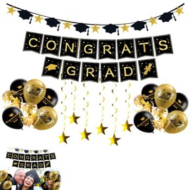 Graduation Decorations Set with Banner, Balloons, Streamers, and Party Supplies - Includes 1 Congrats Grad Banner, 10 Balloons, 6 Hanging Stars, and More - Black and Gold Theme, Perfect for