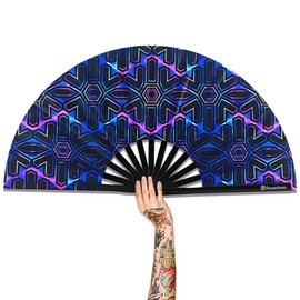Raveahem Large Folding Fan, 13 Inch Clack Rave Fan Hand Held Fan for Women Men with Premium Satin Fabric, Thick Bamboo Frame for EDM, Music Festival, Party, Dance, Decoration, Gift (Purple Laser)