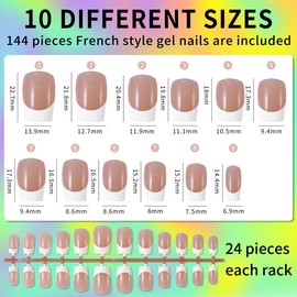 Monja French Tips Medium Square Colord Nail Tips Soft Gel Nail Tips No Need to File 144pcs Pre-French Nails Gel Fake Nails for Nail Extension 10 Sizes Easy to Use
